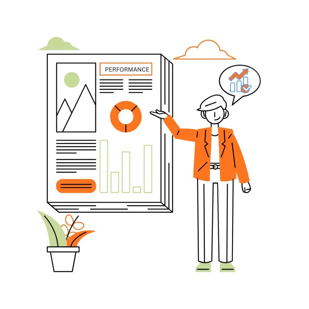 Illustration showing performance analysis, reports, and growth tracking by a social media marketing service in Ahmedabad
