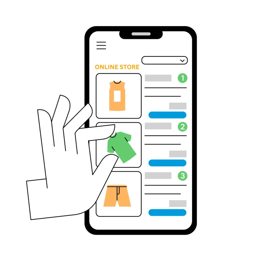Illustration showing mobile online store browsing and product selection for eCommerce shopping