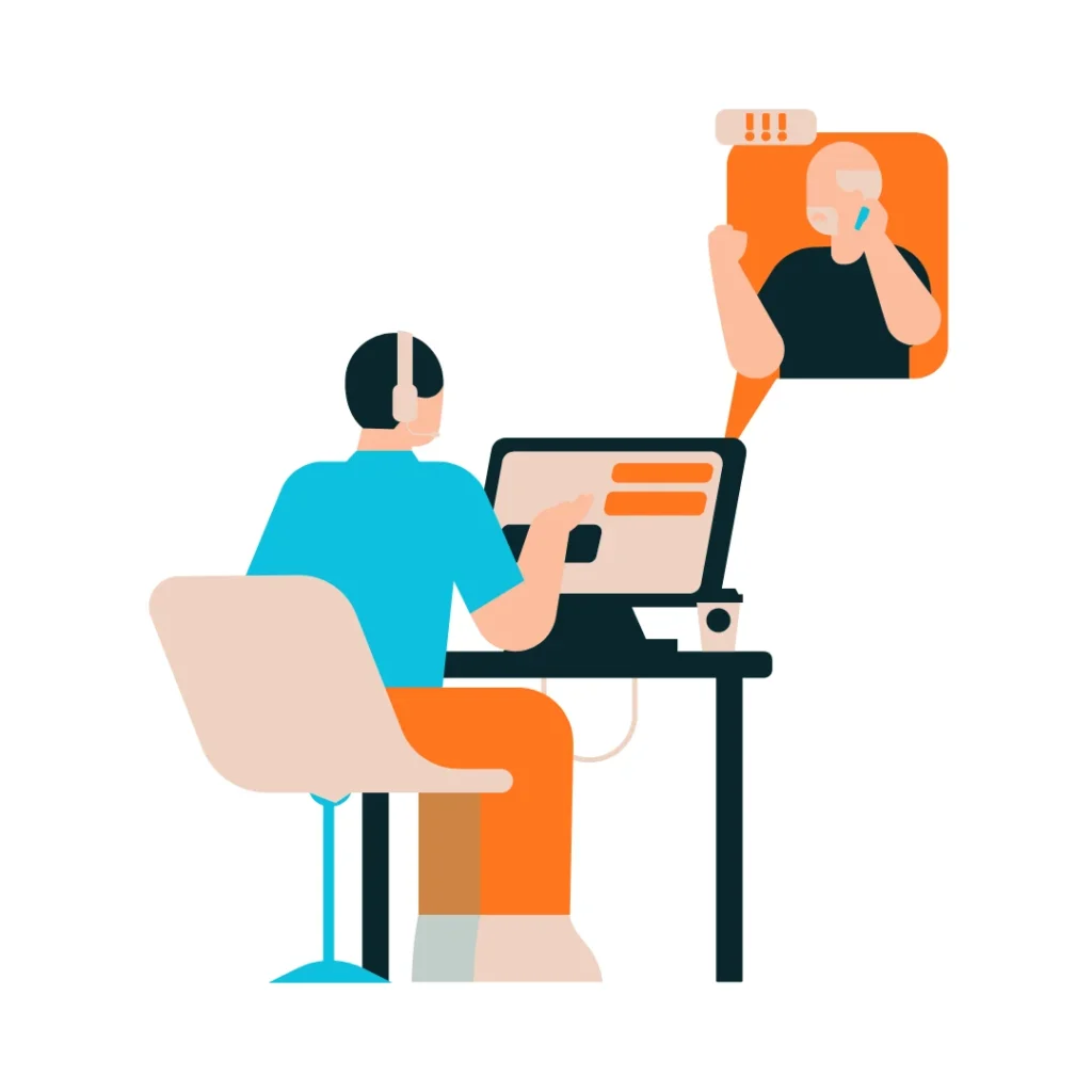 Illustration showing customer support interaction, issue resolution, and online service communication