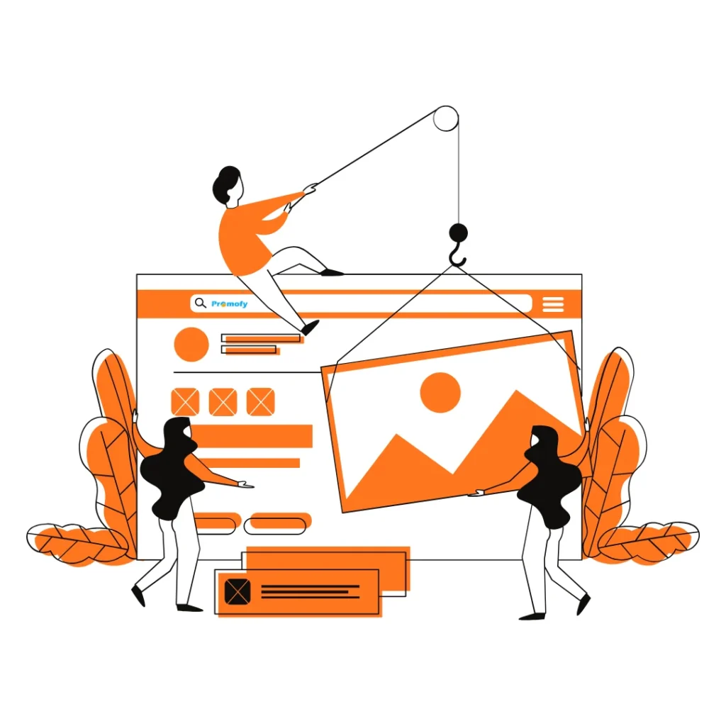 Illustration showing website design, content layout, and page optimization process