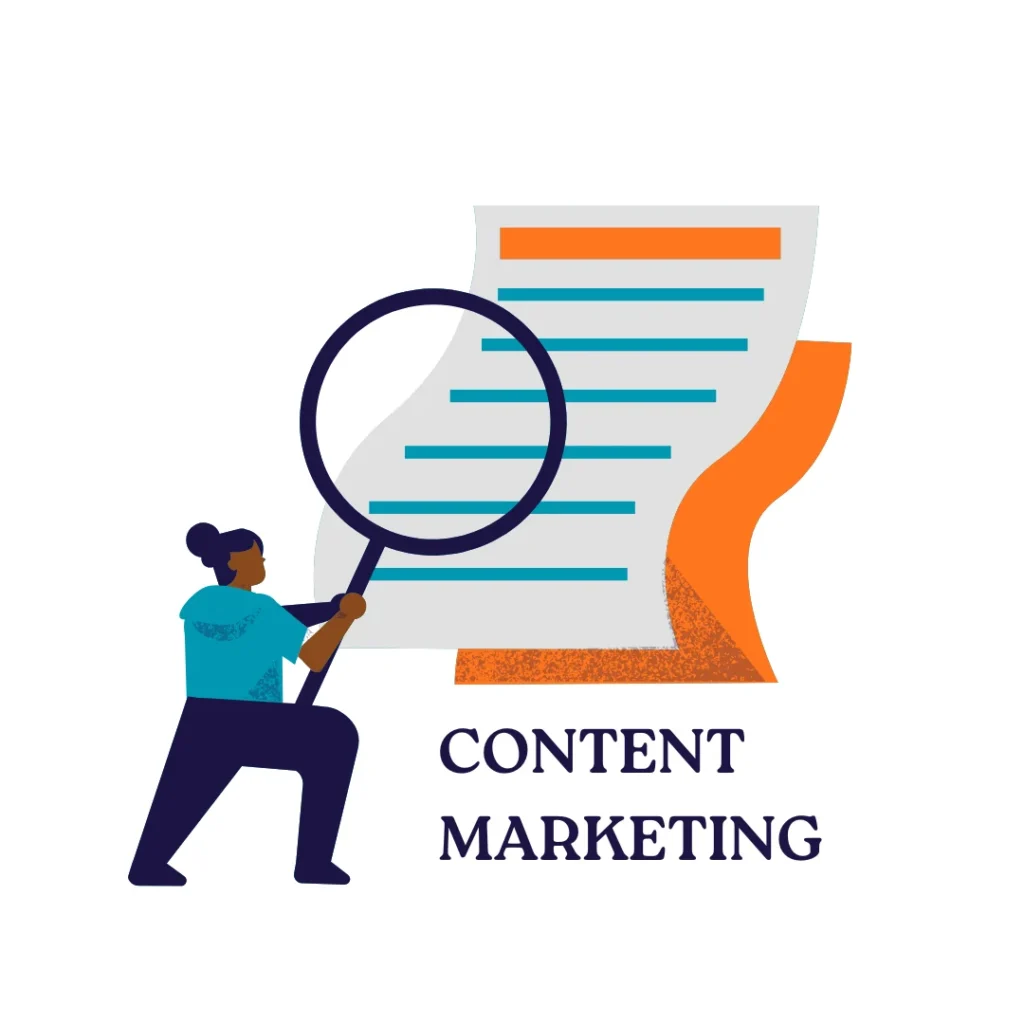 Illustration showing content marketing analysis, content review, and strategy optimization