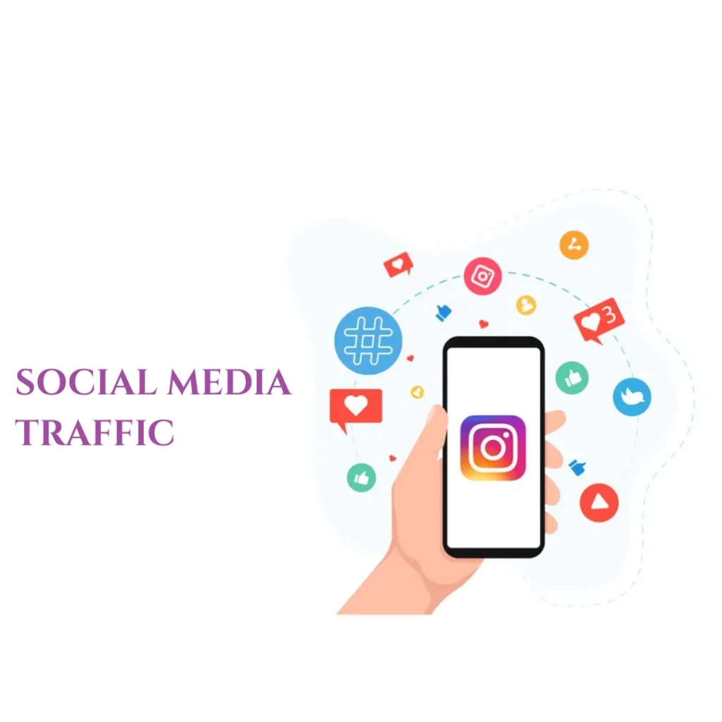 Illustration showing social media traffic growth through Instagram engagement, likes, shares, and hashtags