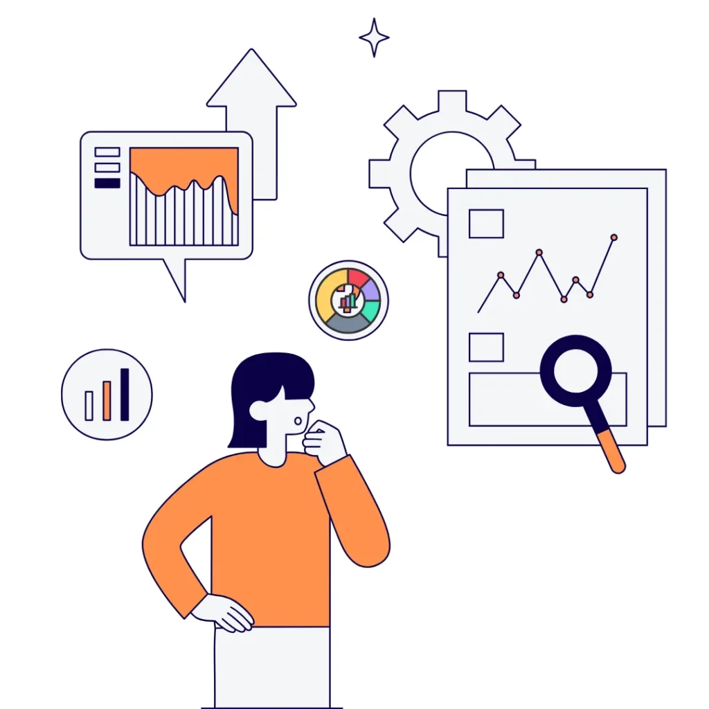 Illustration showing data analysis, performance metrics, and strategy optimization for digital marketing growth