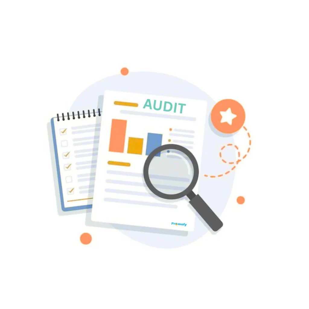 Illustration showing SEO audit, performance review, and data analysis for website optimization