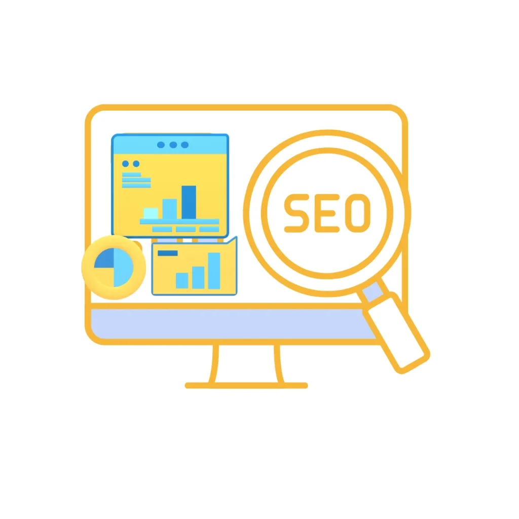 Illustration showing SEO analysis, website performance tracking, and search optimization insights